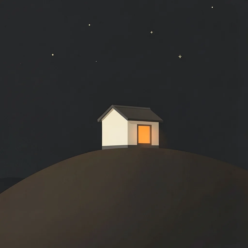 A single lit cabin alone on a dark hill at night