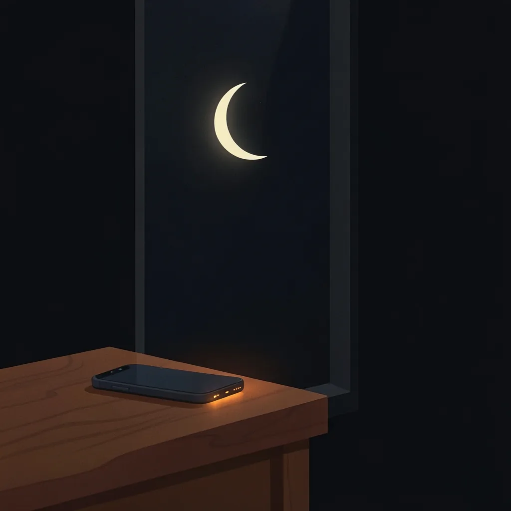 A dark phone on a bedside table under a crescent moon